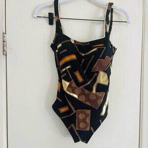 VTG 90s Gottex Avant garde Geometric Black and Gold Swimsuit 8
